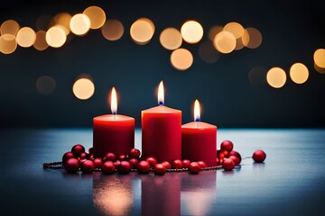 advent, christmas, celebration, holiday candlelight greeting card - Four burning candles on table with dark black night background with bokeh lights