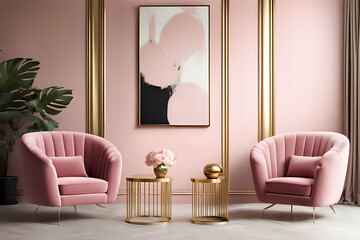 Luxury premium living room with two calm pink armchairs and a golden brass table. Painted wall with vertical art