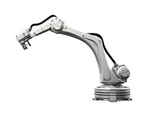 Industrial robotic arm isolated on a transparent background. Industrial robot works automatically in smart autonomous factory. Generative AI