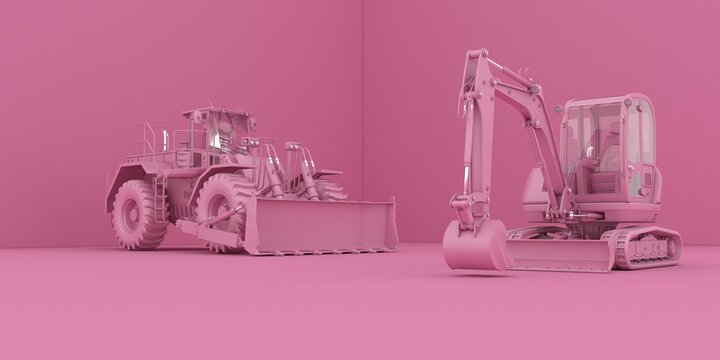 maquinaria de construccion en tono rosa