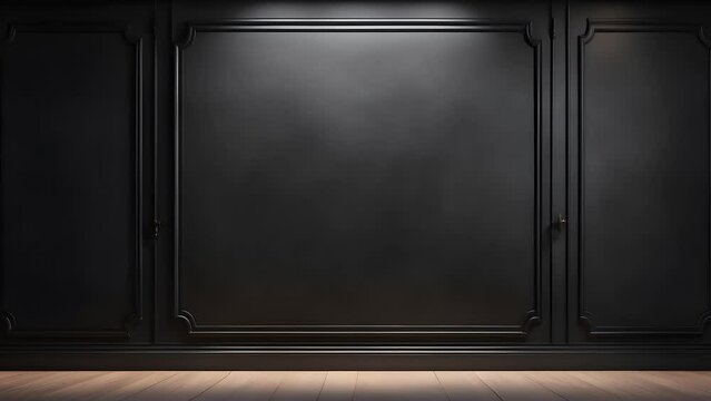 Black background to present products in loop, black wall, increase and decrease of lights, wooden floor, 4k, elegant, lights