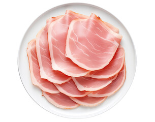 Slices of ham on the white plate isolated on transparent background, top view - obrazy, fototapety, plakaty