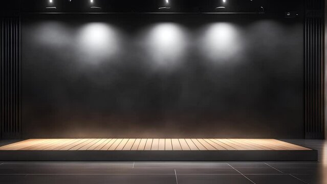 Black background to present products in loop, black wall, increase and decrease of lights, wooden floor, 4k, lights