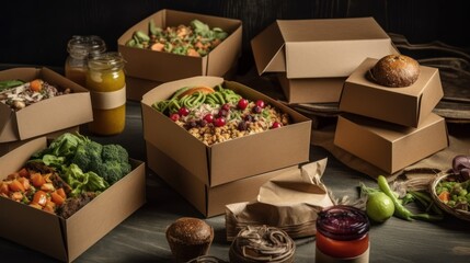 An animated spread of various fresh meals in eco-friendly takeout boxes, accompanied by condiments and fresh ingredients. Perfect for food delivery or sustainable packaging promotions.