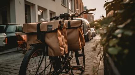 Türaufkleber Fahrrad An animated image capturing a bicycle with cargo bags parked on a quaint city street during golden hour. Ideal for promoting urban lifestyles or eco-friendly transportation.