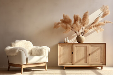 living interior with lamb's wool fabric armchair and pampas grass background