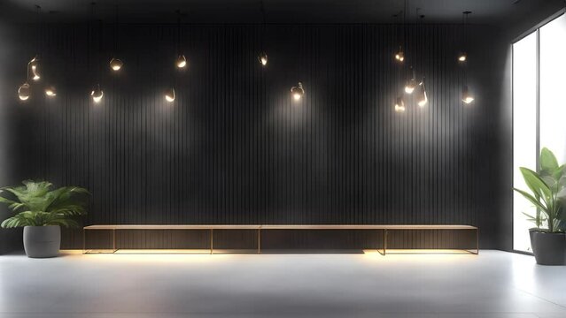 Black background to present products in loop, black wall, increase and decrease of lights, wooden floor, 4k