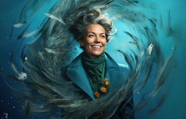 An exuberant woman with silver hair laughs heartily, surrounded by a whirlwind of colorful fabric. Ideal for creative campaigns emphasizing joy and vitality at any age.