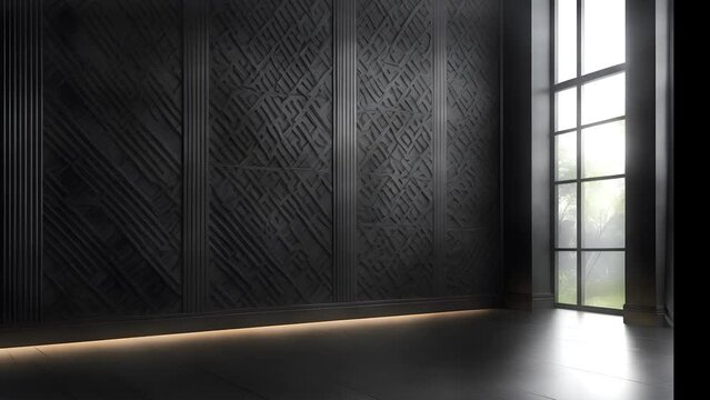 Black background to present products in loop, black wall, increase and decrease of lights, wooden floor, 4k, loop