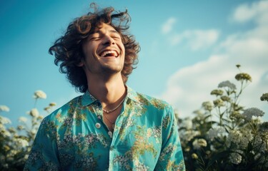 Animated image of a jubilant man with curly hair, looking upwards and laughing, set against a backdrop of a bright sky and blossoming white flowers. Perfect for spring campaigns or uplifting stories.