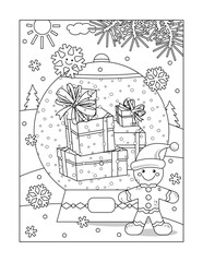 Snowglobe with gifts, presents and gingerbread man coloring page, poster, sign or banner black and white activity sheet 
