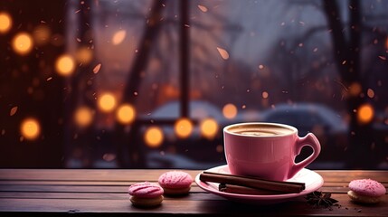 Discover the warmth of the holiday season with this charming coffee cup and snowman by a Christmas tree. Illuminated interiors in a rustic, cabincore style