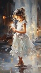 Enchanting oil artwork of a young girl mesmerized by a glowing star, embodying the magic and wonder of the Yuletide season in retro style.
