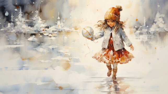 Captivating oil painting showcasing a little girl joyfully playing in the snow, capturing the festive spirit of Christmas in a vintage setting.