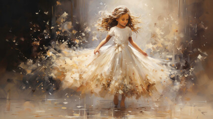 A dreamy portrayal of a young girl twirling in a dress, surrounded by a golden shimmer, capturing the magic of Christmas.
