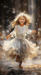 Joyful child in white dancing amidst snowflakes, oil painting with rich textures.