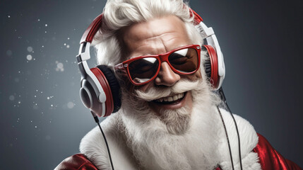 Festive Santa Claus donning trendy headphones and shades, radiating a contemporary holiday vibe.
 - obrazy, fototapety, plakaty