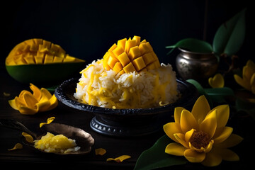 Mango Sticky Rice Is a popular Thai dessert And will be especially popular in the summer Made from sticky rice, coconut milk, salt and granulated sugar