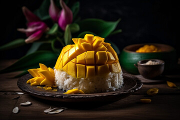Mango Sticky Rice Is a popular Thai dessert And will be especially popular in the summer Made from sticky rice, coconut milk, salt and granulated sugar