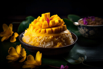 Mango Sticky Rice Is a popular Thai dessert And will be especially popular in the summer Made from sticky rice, coconut milk, salt and granulated sugar