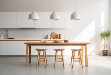 Modern and minimalist kitchen interior design, dining table and wooden benches. AI generated Images