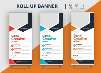 Roll up banner stand template design, blue banner layout, advertisement, pull up, polygon background, vector illustration, business flyer, display, x-banner,