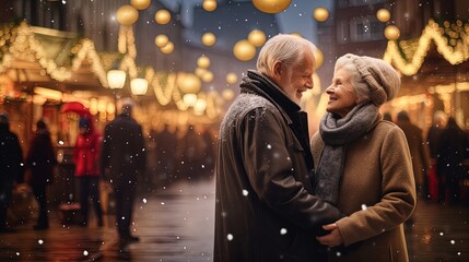 Join this heartwarming senior couple as they stand together at the Christmas market. Experience the magic in photo-realistic landscapes, with soft and romantic scenes that capture the holiday spirit.