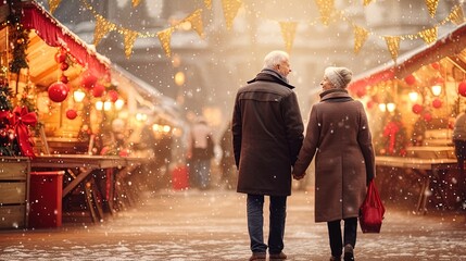 Join this heartwarming senior couple as they stand together at the Christmas market. Experience the magic in photo-realistic landscapes, with soft and romantic scenes that capture the holiday spirit. - obrazy, fototapety, plakaty
