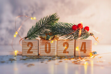 New Year holiday background. Inscription on wooden cubes of the number 2024. Banner with a New Year tree and bright glowing lights.