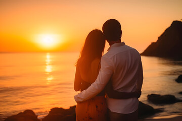 Fototapeta premium Caucasian couple hugging each other at beach during sunset