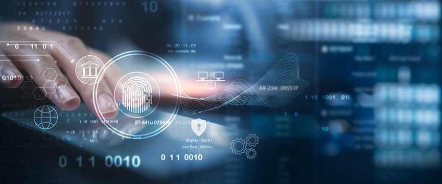Cyber security network. Data protection concept. Business man using mobile phone for digital banking with fingerprint biometric network security technology, computer crime, data encryption