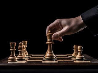 Hand of a businessman holds a chess piece. Strategy, tactics, game plan concept.
