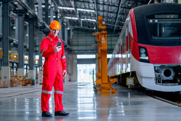 Professional technician worker stand near the train and hold and look to mobile phone in electrical...