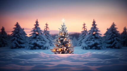 A small tree on an early Christmas morning against the backdrop of a snowy forest in out of focus