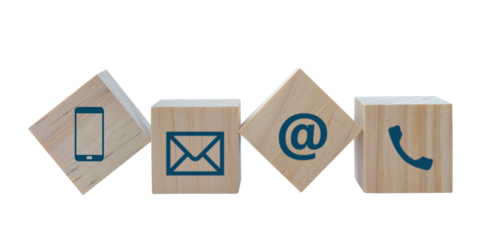 wooden block cube with (telephone, email, address) icon isolated on transparent background. Concept of contact us or customer support theme.