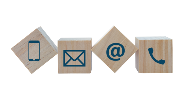 wooden block cube with (telephone, email, address) icon isolated on transparent background. Concept of contact us or customer support theme.