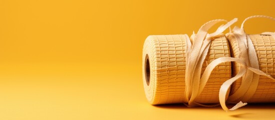 Yellow paper background with elastic bandage and wooden massager - obrazy, fototapety, plakaty