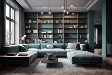 Stylish living room interior with comfortable green sofa
