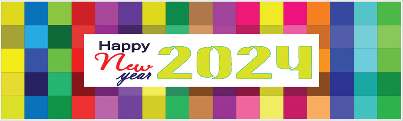 :   Happy New Year 2024 Banner Design with colorful elements and rectangle box