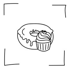 Vector. Contour icons. Line icons of desserts and sweet dishes. Candies, chocolate, cakes, donuts, ice cream in sketch style. Icons set,  stroke. Hand drawn signs. Desserts and sweets doodle set.