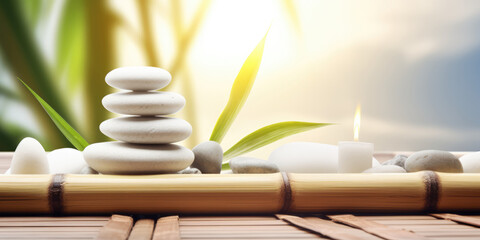Beautiful Spa treatment Composition. White Pebble Stones, Fresh Bamboo Leaves and branches, Candle light on a bamboo table outdoor, copy space. Beauty, Spa, Wellness, Relax, Balance and Zen Concept