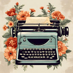 Vintage typewriter with flowers in retro style. Boho style. 