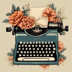 Vintage typewriter with flowers in retro style. Boho style. 