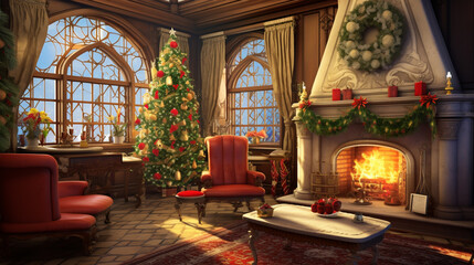 Fototapeta na wymiar Merry Christmas and Happy Holidays A beautiful living room decorated for Christmas. generative ai
