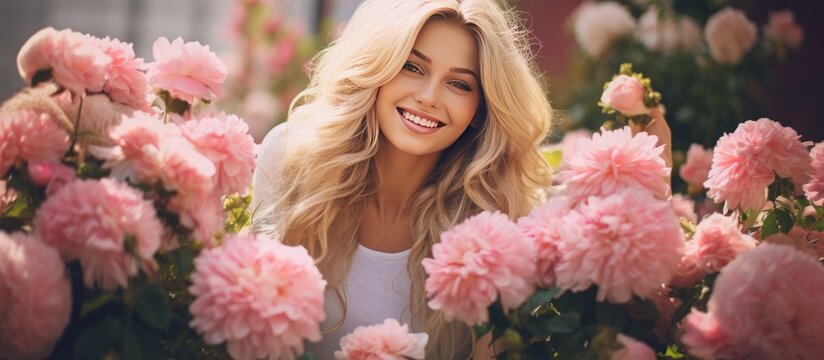 Blonde woman posing outdoors with a peony