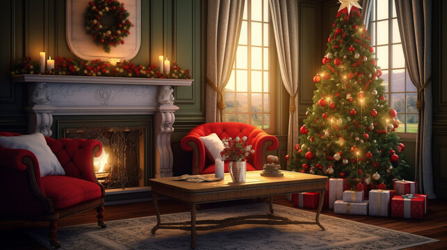 Merry Christmas and Happy Holidays A beautiful living room decorated for Christmas. generative ai