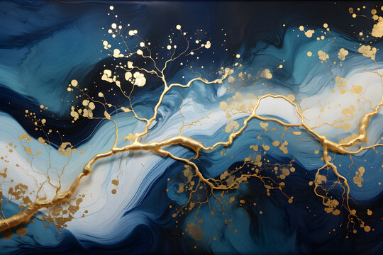 Abstract dark blue and gold painting on canvas background, Luxurious Blue and Gold  Abstract Art Texture for Decorative Wallpaper