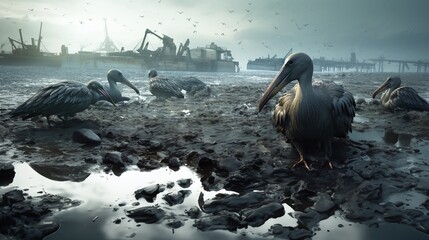 Contaminated lake and hostile environment for animals due to an oil disaster - obrazy, fototapety, plakaty