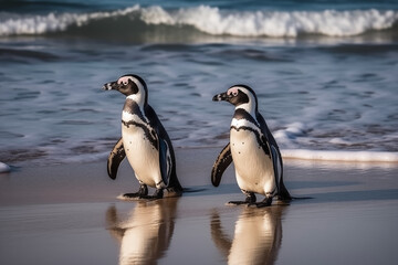 Pair of Gentoo penguins walking on beach