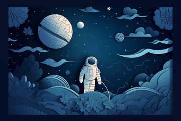papercut style of astronaut flying in the universe